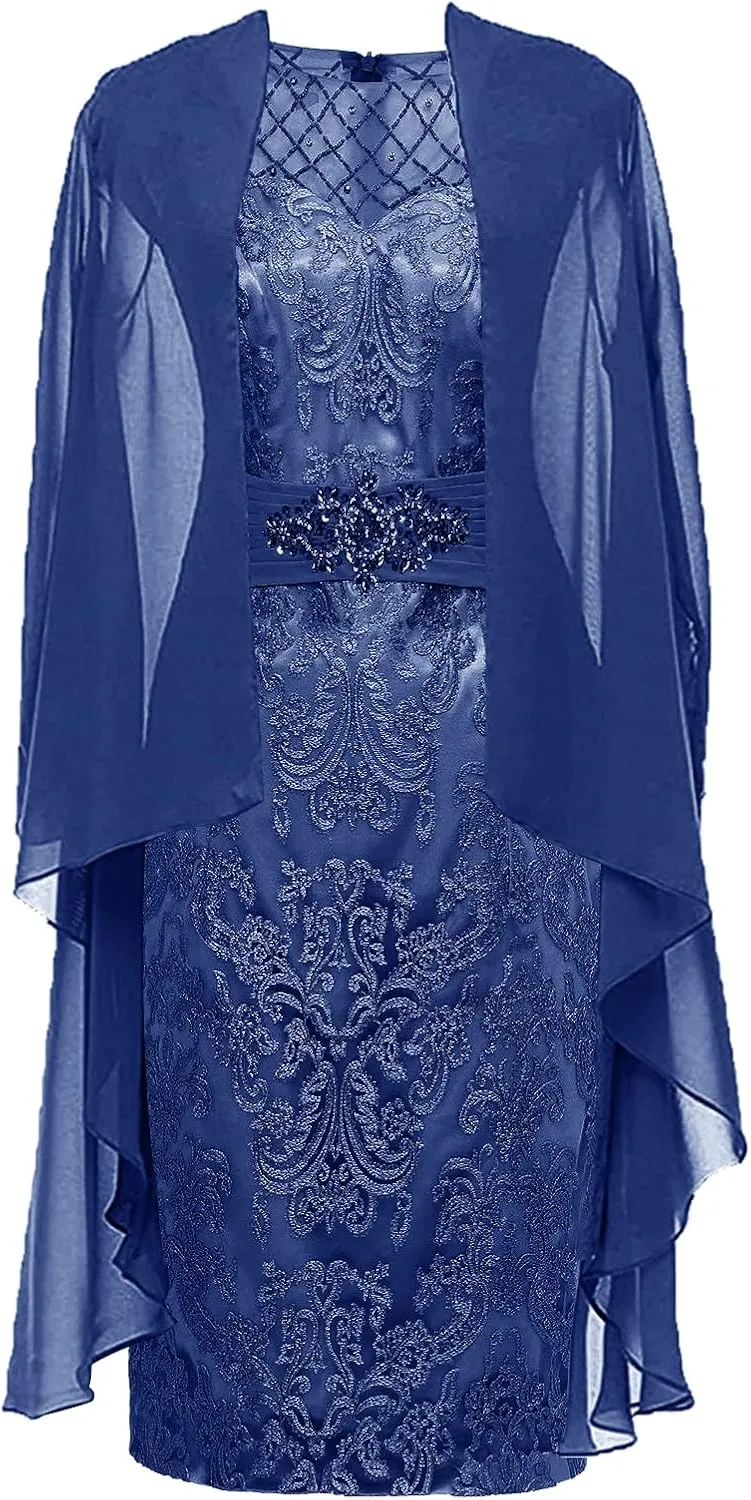 Mother of The Bride Dresses with Jacket 2 Pieces Tea Length Evening Gown Chiffon Wedding Guest Dresses for Women