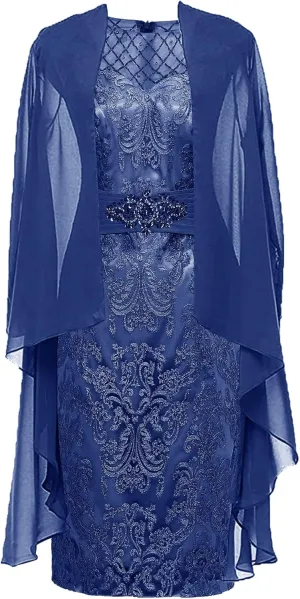 Mother of The Bride Dresses with Jacket 2 Pieces Tea Length Evening Gown Chiffon Wedding Guest Dresses for Women