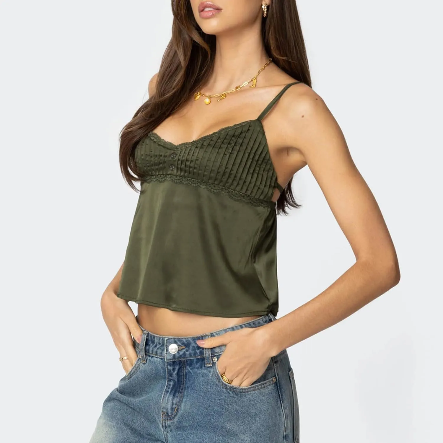 Mxiqqpltky Women Y2k Lace Trim Camisole Sexy Spaghetti Strap V Neck Flowy Crop Tank Tops Fairy Backless Tie Up Slim Cami Top