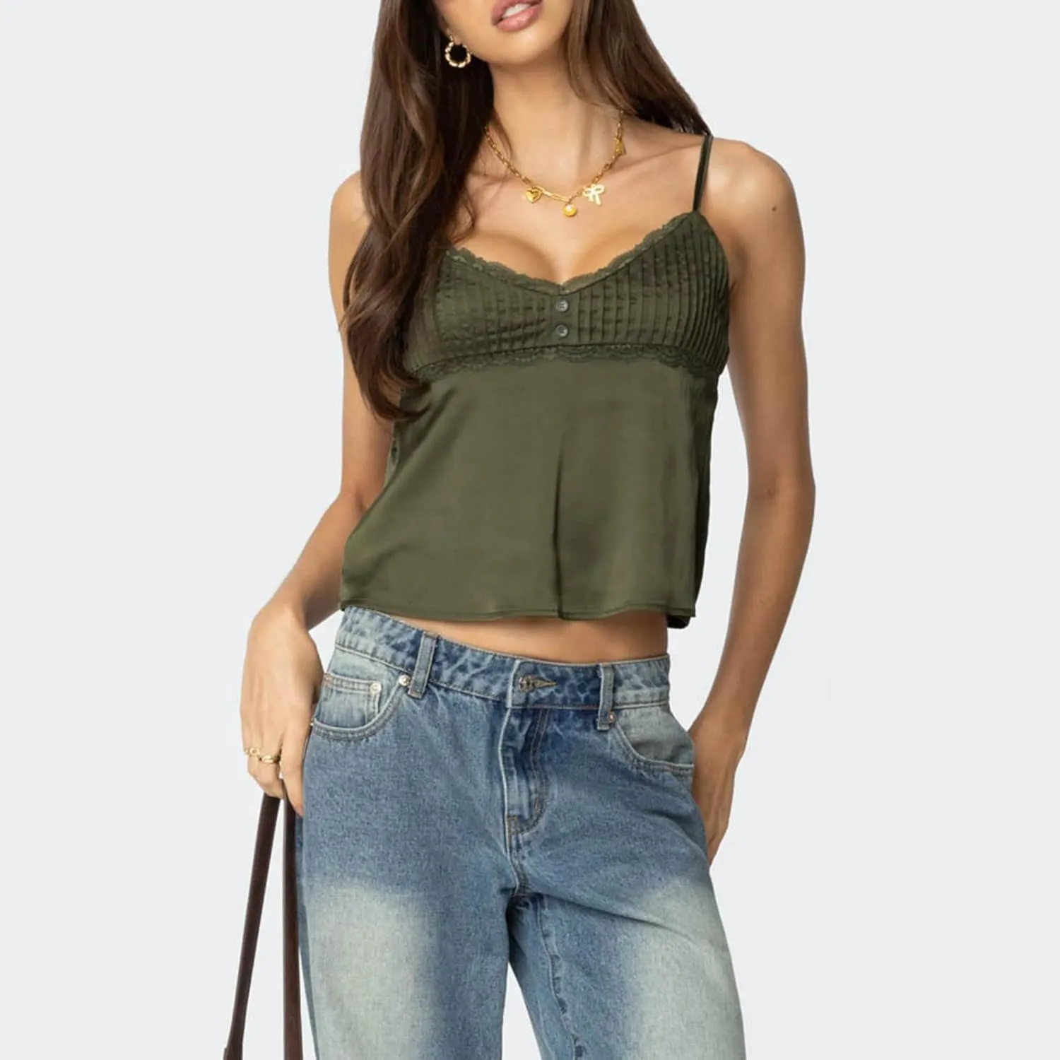 Mxiqqpltky Women Y2k Lace Trim Camisole Sexy Spaghetti Strap V Neck Flowy Crop Tank Tops Fairy Backless Tie Up Slim Cami Top