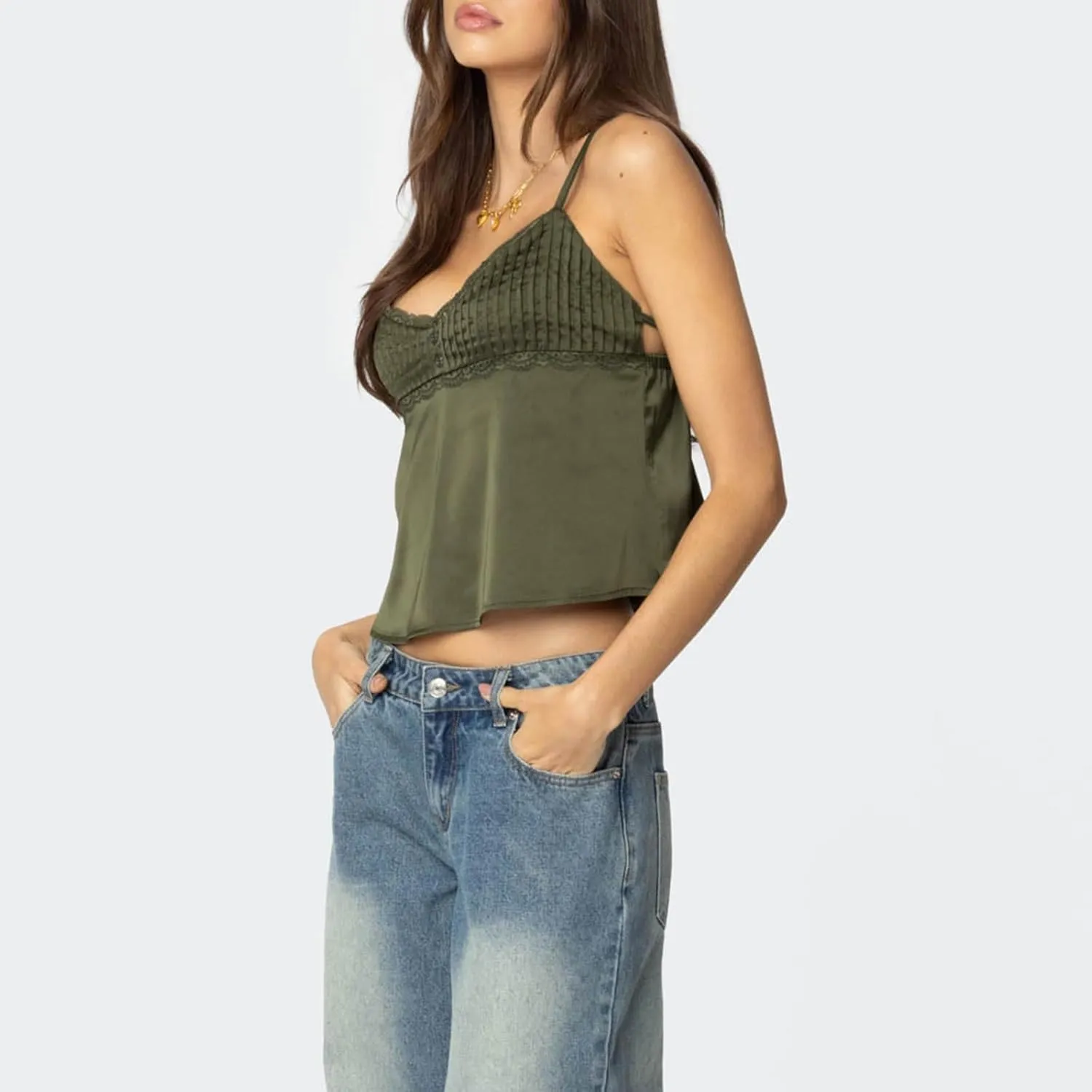 Mxiqqpltky Women Y2k Lace Trim Camisole Sexy Spaghetti Strap V Neck Flowy Crop Tank Tops Fairy Backless Tie Up Slim Cami Top