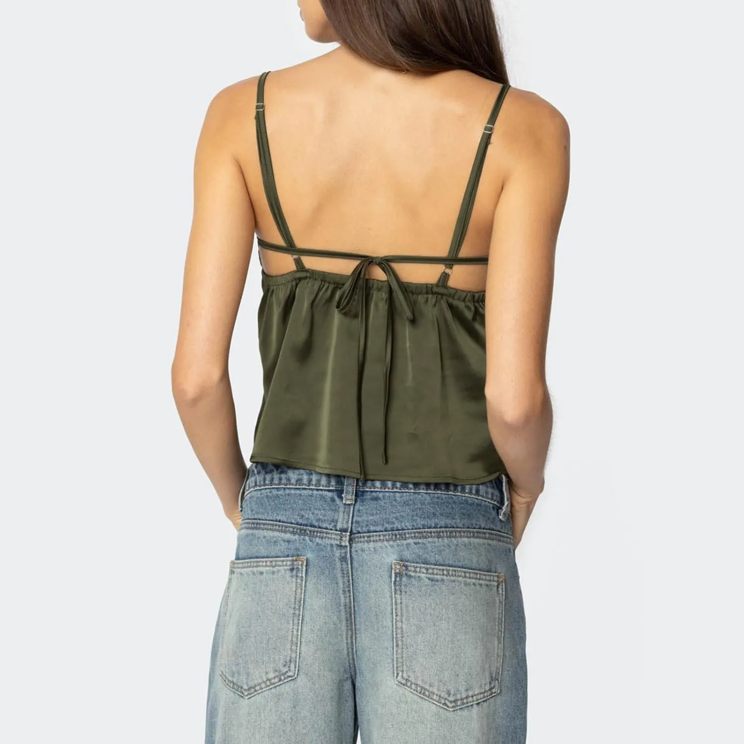Mxiqqpltky Women Y2k Lace Trim Camisole Sexy Spaghetti Strap V Neck Flowy Crop Tank Tops Fairy Backless Tie Up Slim Cami Top