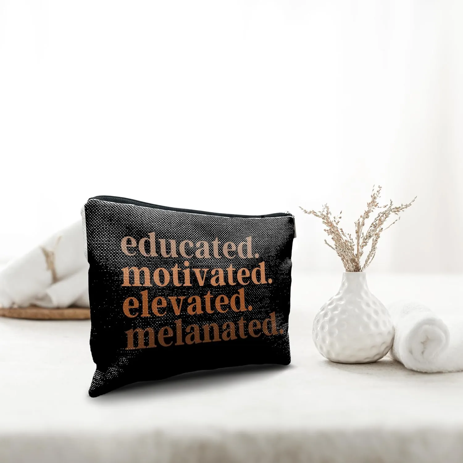 Nogrit African American Gifts,Black Women Gifts,Black Women Makeup Bag Cosmetic Bag,Educated Motivated Elevated Melanated Melanin Makeup Travel Toiletry Bag,gifts for African American women/black