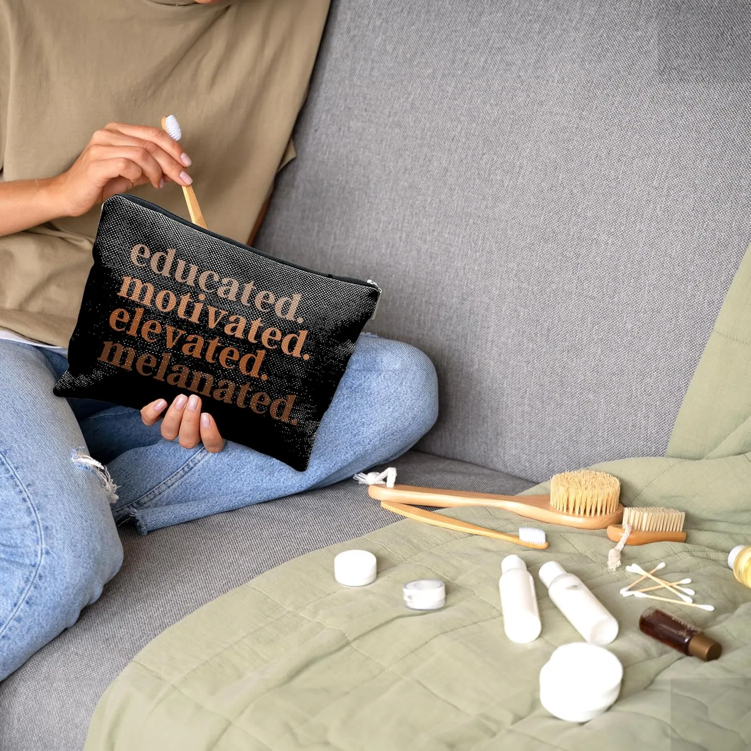 Nogrit African American Gifts,Black Women Gifts,Black Women Makeup Bag Cosmetic Bag,Educated Motivated Elevated Melanated Melanin Makeup Travel Toiletry Bag,gifts for African American women/black