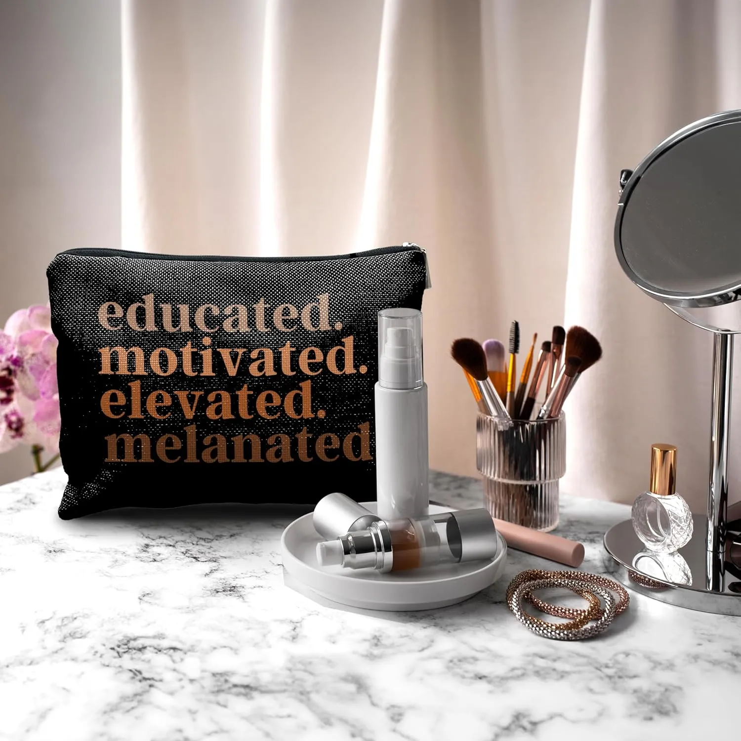 Nogrit African American Gifts,Black Women Gifts,Black Women Makeup Bag Cosmetic Bag,Educated Motivated Elevated Melanated Melanin Makeup Travel Toiletry Bag,gifts for African American women/black