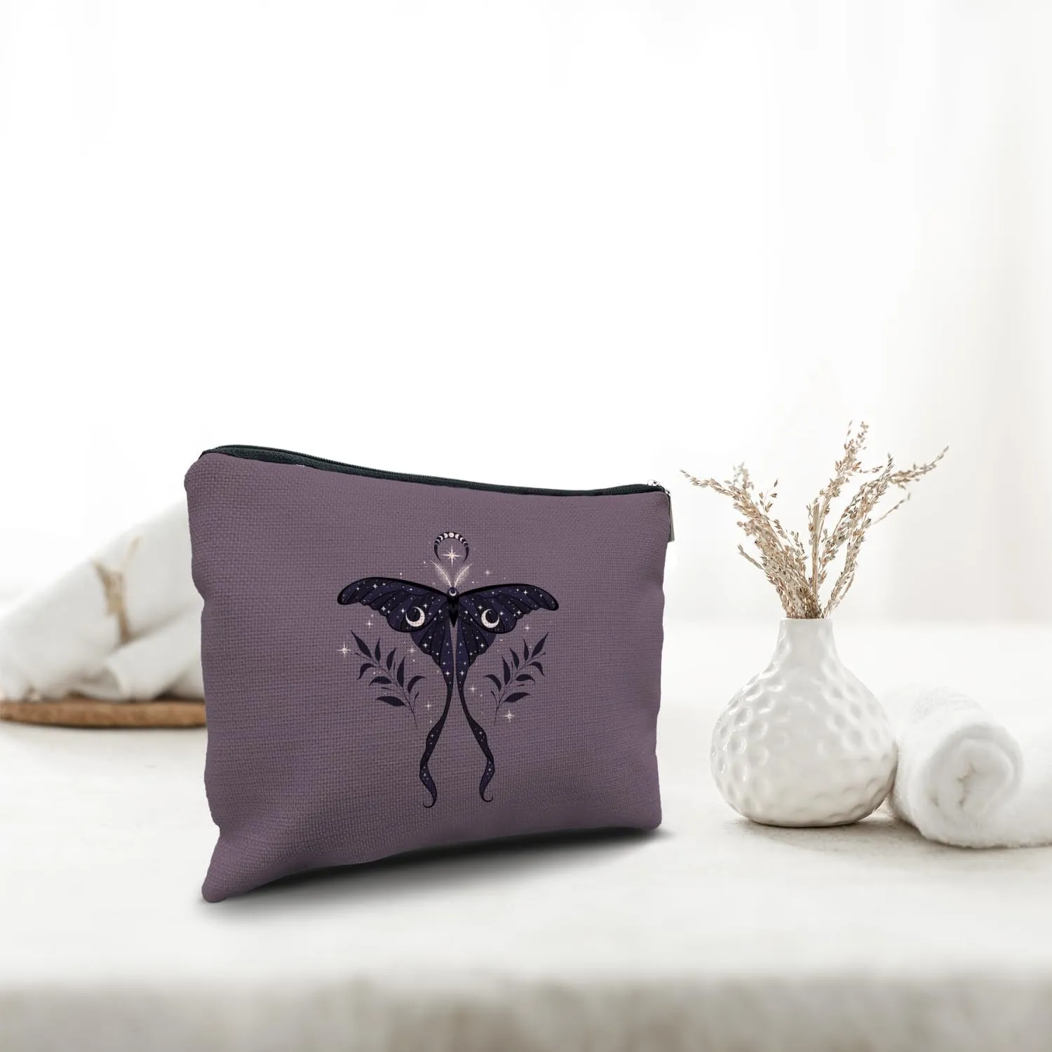 Nogrit Mystical Moon Luna Moth Witchy Makeup Bag Cosmetic Bags for Women, Witchy Gifts for Women, Witch Stuff, Witchcraft Gifts Small Purple Makeup Cosmetic Bag for Purse