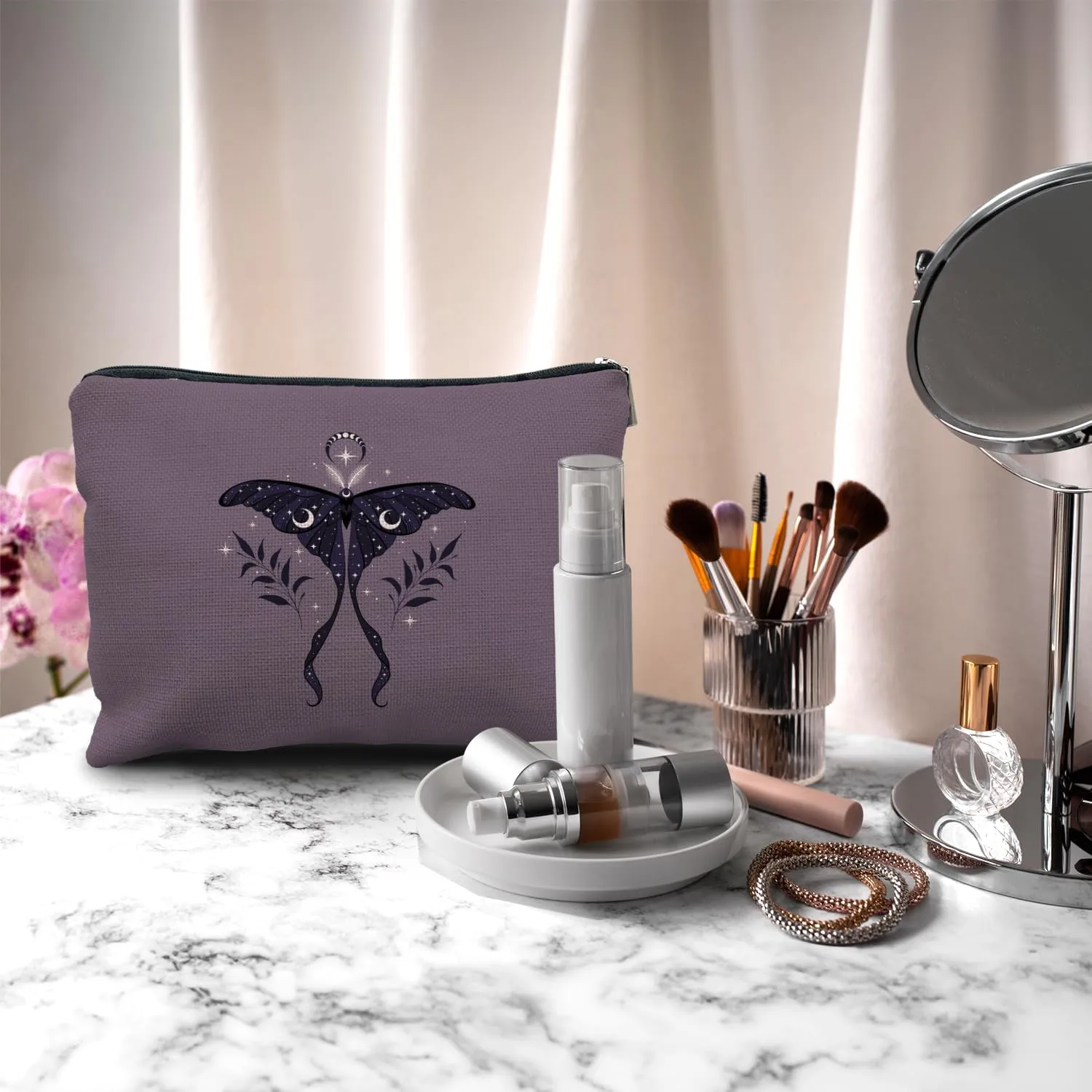 Nogrit Mystical Moon Luna Moth Witchy Makeup Bag Cosmetic Bags for Women, Witchy Gifts for Women, Witch Stuff, Witchcraft Gifts Small Purple Makeup Cosmetic Bag for Purse
