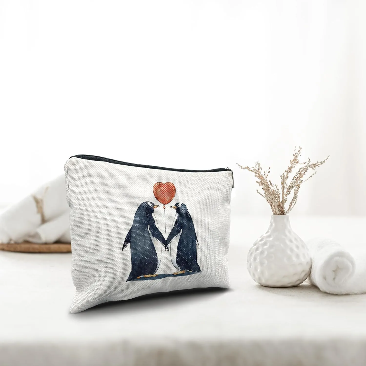 Nogrit penguin lover gifts Penguin Makeup Cosmetic Bag,Romantic Penguin Couple In Love Makeup Travel Toiletry Bag,Anniversary Valentine's Day penguin Gifts for women