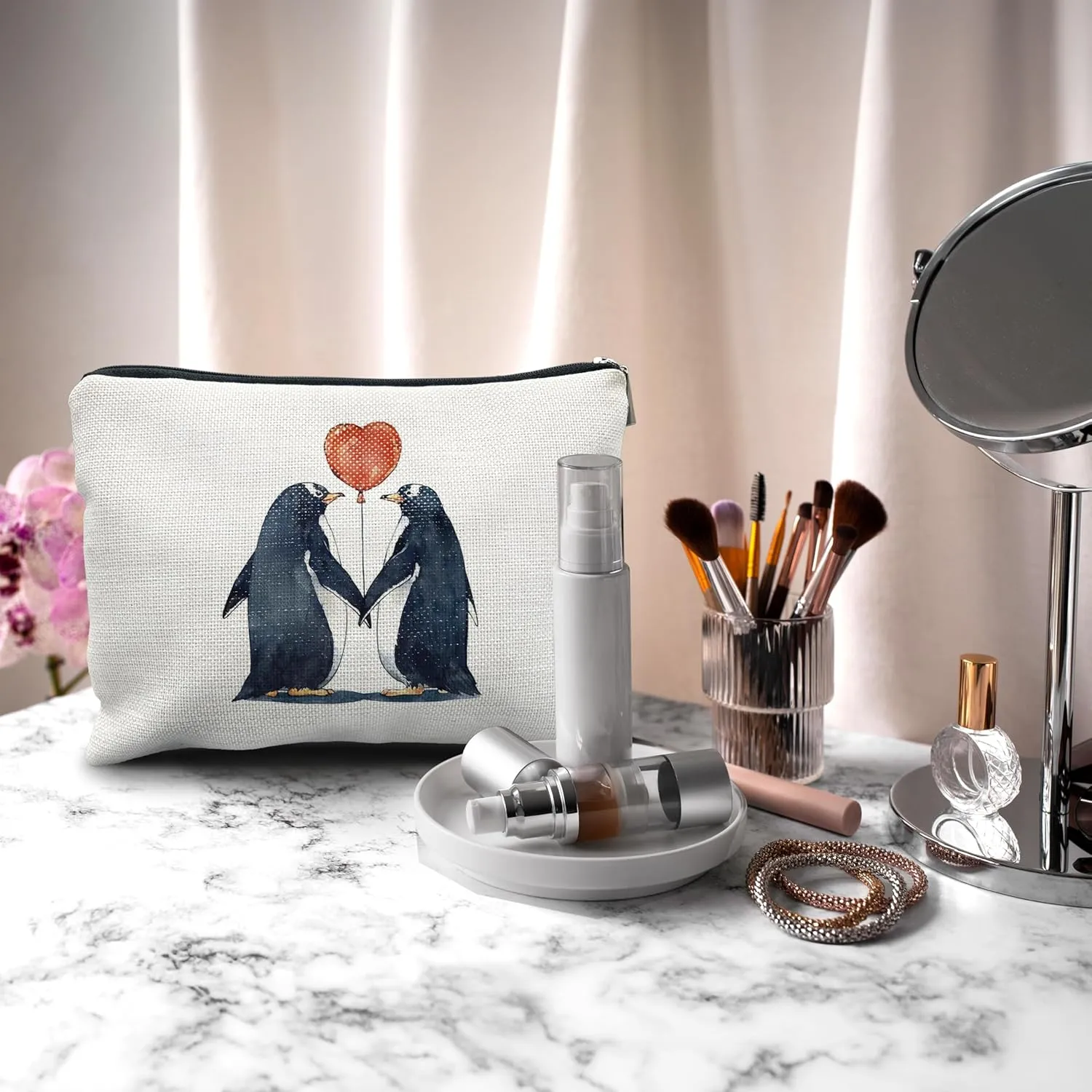 Nogrit penguin lover gifts Penguin Makeup Cosmetic Bag,Romantic Penguin Couple In Love Makeup Travel Toiletry Bag,Anniversary Valentine's Day penguin Gifts for women