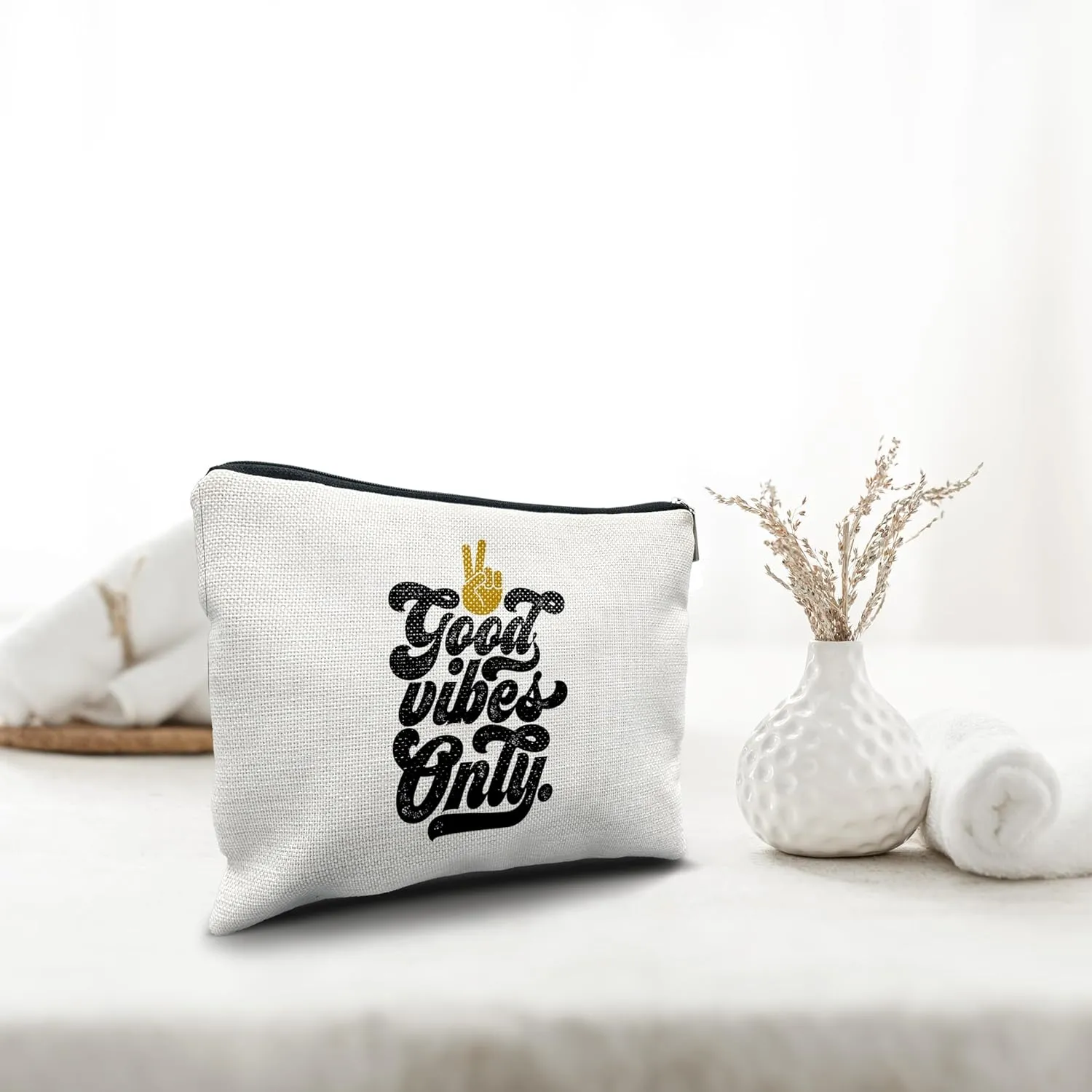 Nogrit Retro 70s Groovy Makeup Cosmetic Bag,Groovy Good Vibes Only Peace Hand Sign Makeup Travel Toiletry Bag,Inspirational Gifts for Women Girls