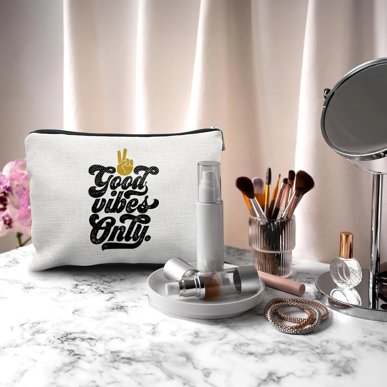 Nogrit Retro 70s Groovy Makeup Cosmetic Bag,Groovy Good Vibes Only Peace Hand Sign Makeup Travel Toiletry Bag,Inspirational Gifts for Women Girls