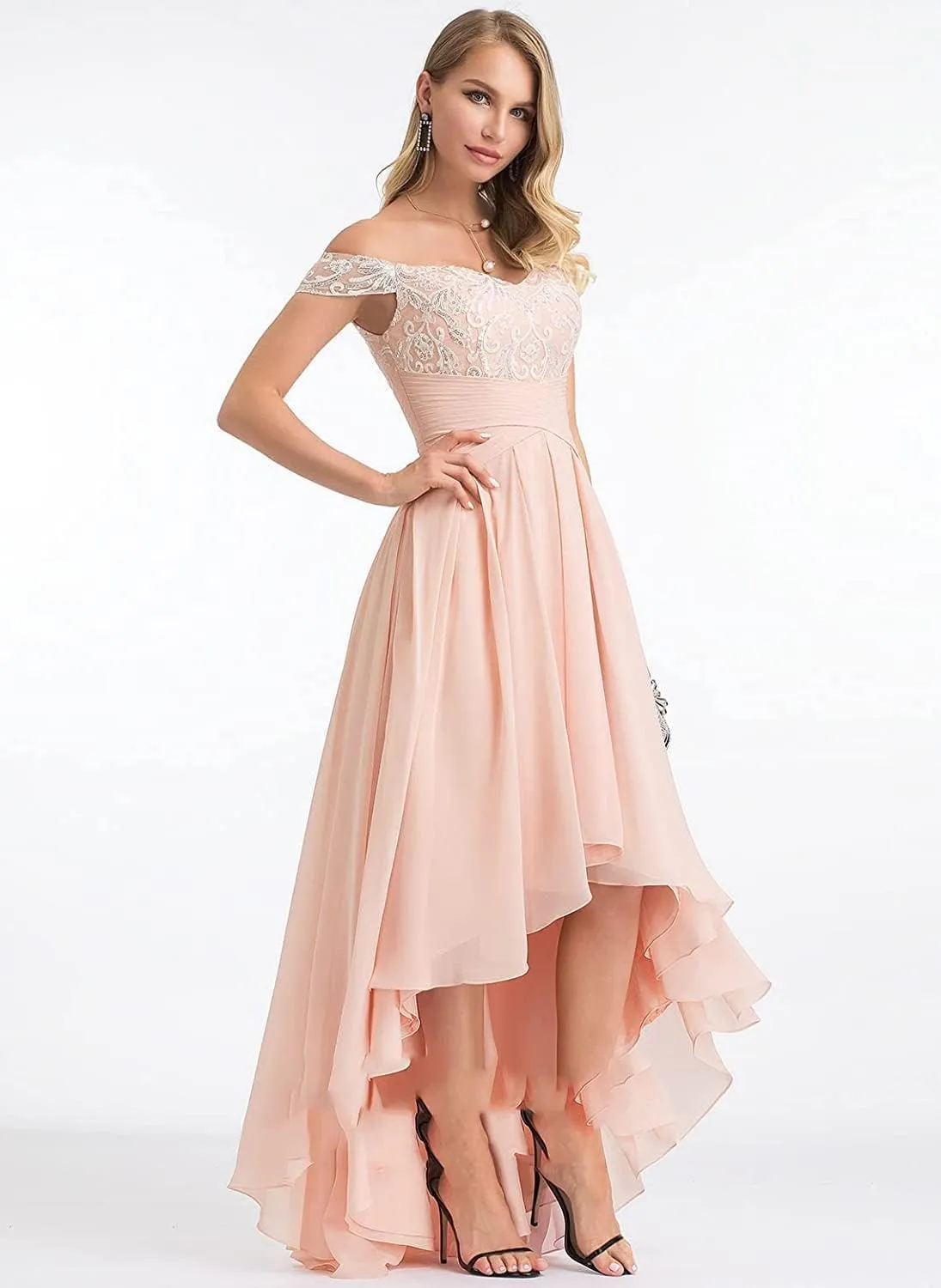 Off The Shoulder Mother of The Bride Dresses for Wedding 2023 Chiffon High Low Lace Formal Evening Gowns