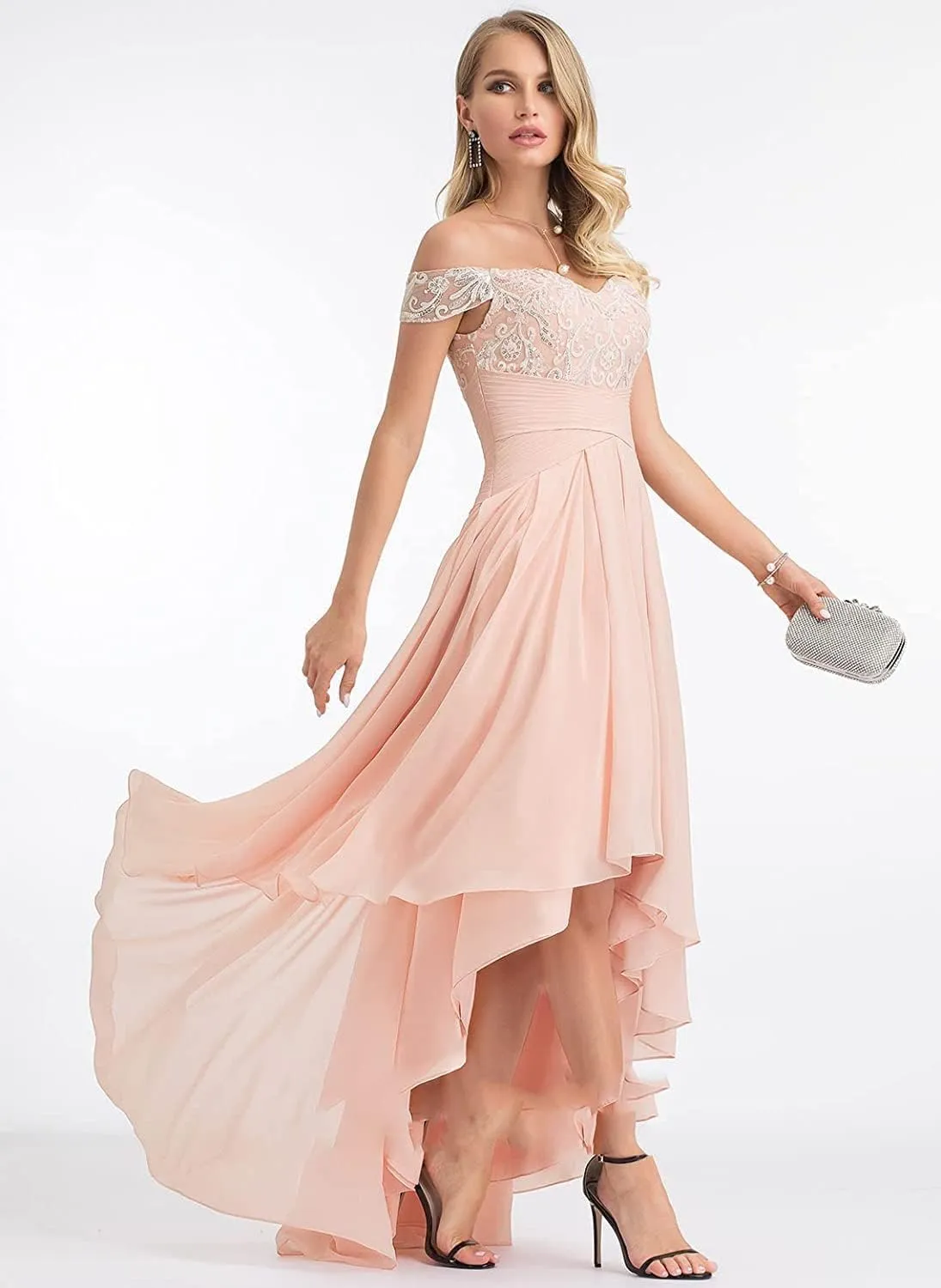 Off The Shoulder Mother of The Bride Dresses for Wedding 2023 Chiffon High Low Lace Formal Evening Gowns