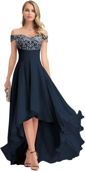 Off The Shoulder Mother of The Bride Dresses for Wedding 2023 Chiffon High Low Lace Formal Evening Gowns