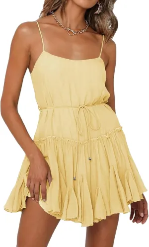 Onedreamer Women Summer Dress Spaghetti Strap Waist Tie Ruffle Mini A Line Flowy Tiered Short Dresses
