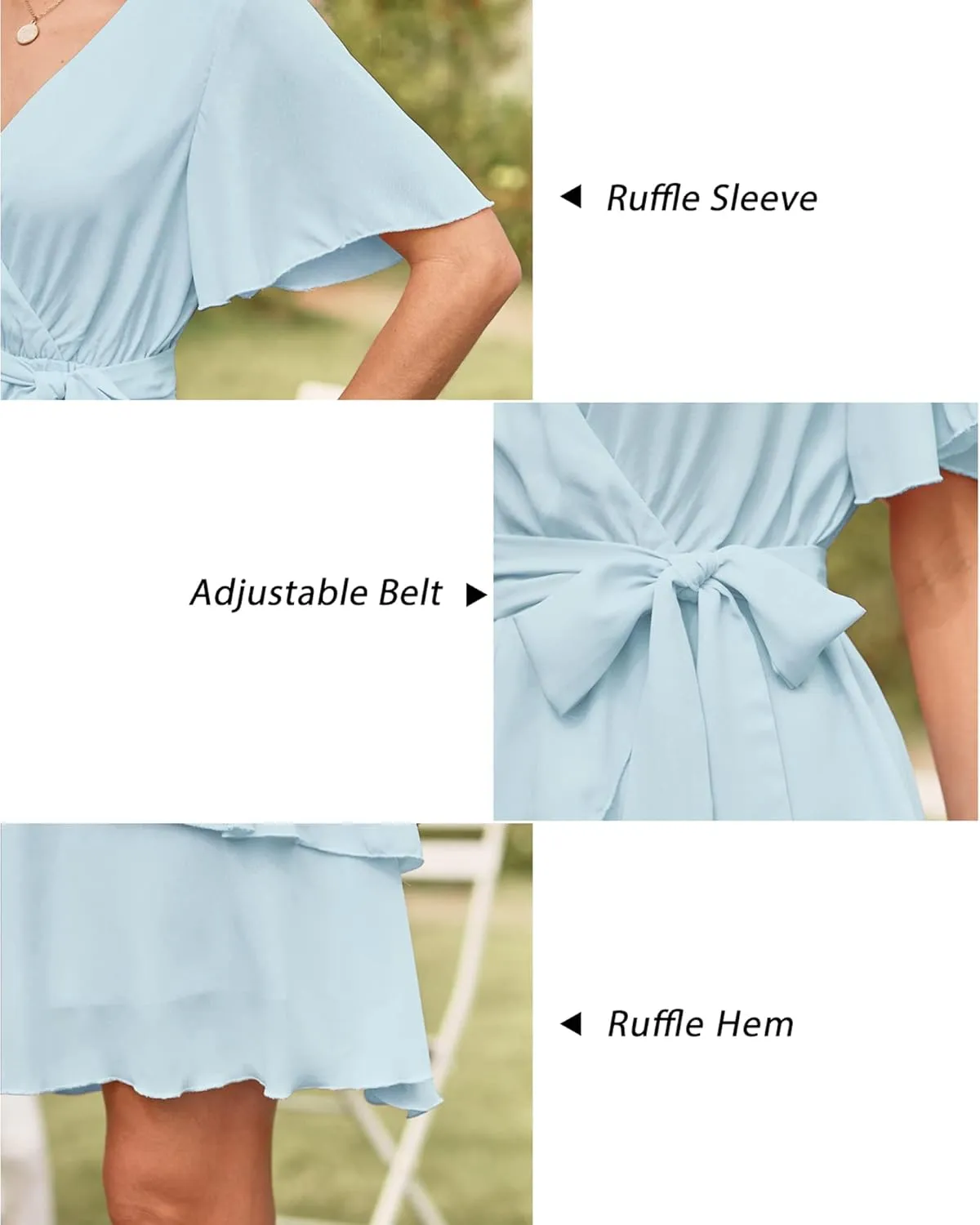 OUGES Women Wrap V-Neck Dresses Short Sleeve High Waist Belt Swing Ruffle Hem Aline Summer Mini Skater Dress