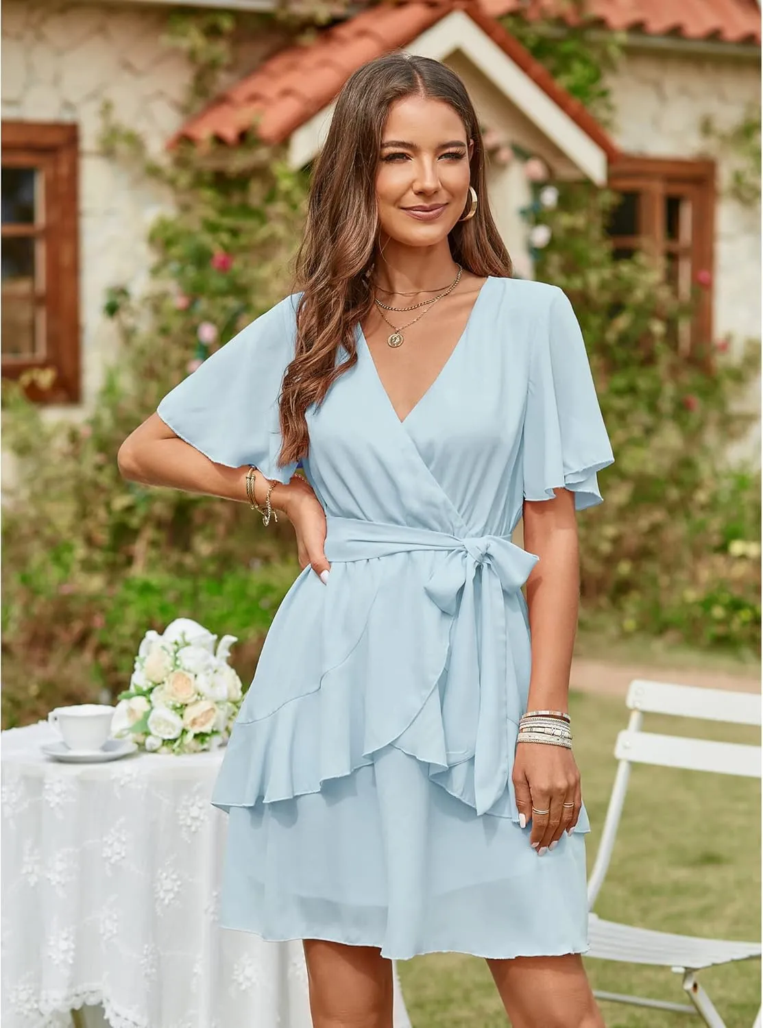 OUGES Women Wrap V-Neck Dresses Short Sleeve High Waist Belt Swing Ruffle Hem Aline Summer Mini Skater Dress
