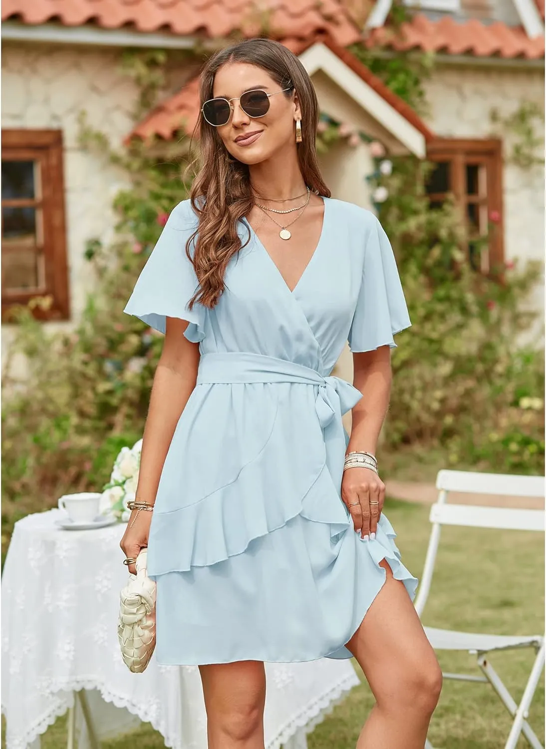 OUGES Women Wrap V-Neck Dresses Short Sleeve High Waist Belt Swing Ruffle Hem Aline Summer Mini Skater Dress