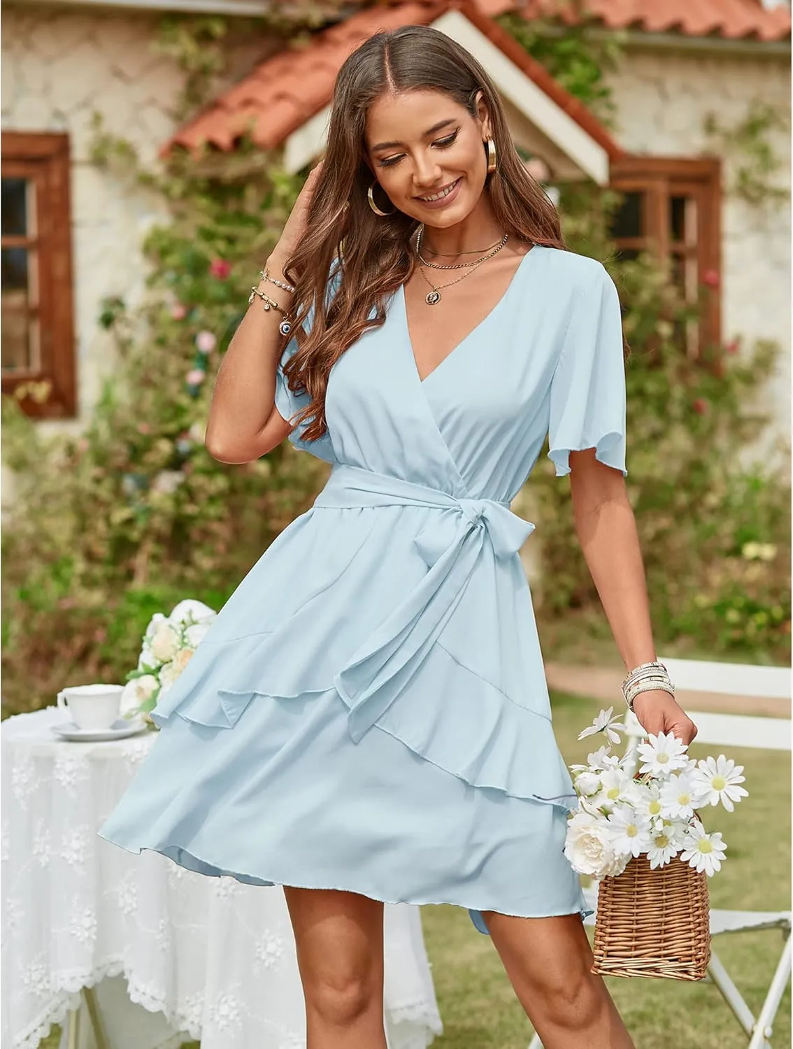 OUGES Women Wrap V-Neck Dresses Short Sleeve High Waist Belt Swing Ruffle Hem Aline Summer Mini Skater Dress