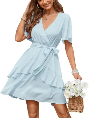 OUGES Women Wrap V-Neck Dresses Short Sleeve High Waist Belt Swing Ruffle Hem Aline Summer Mini Skater Dress