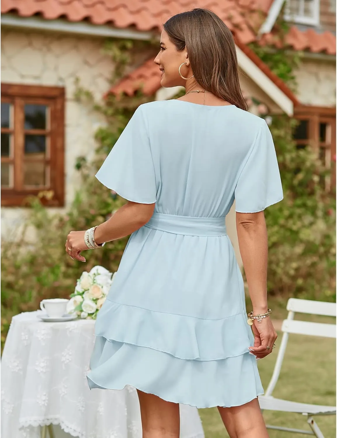 OUGES Women Wrap V-Neck Dresses Short Sleeve High Waist Belt Swing Ruffle Hem Aline Summer Mini Skater Dress
