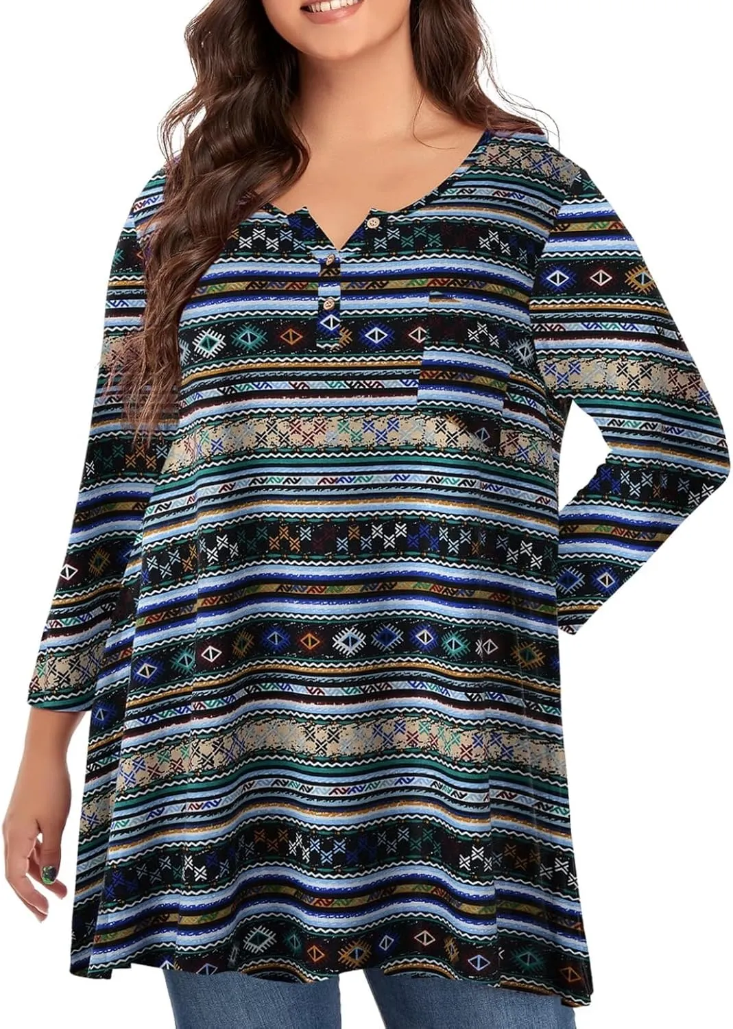OVERWORETY Plus Size Tops for Women 3/4 Sleeve Henley V Neck Button Tunics Casual Loose Swing Shirts for Leggings