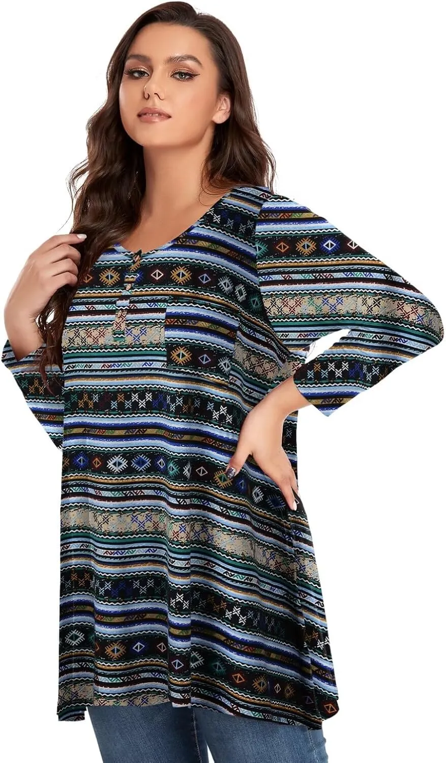 OVERWORETY Plus Size Tops for Women 3/4 Sleeve Henley V Neck Button Tunics Casual Loose Swing Shirts for Leggings
