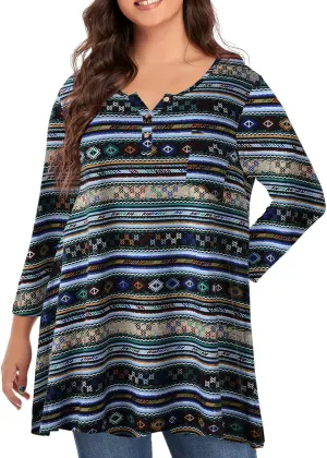 OVERWORETY Plus Size Tops for Women 3/4 Sleeve Henley V Neck Button Tunics Casual Loose Swing Shirts for Leggings