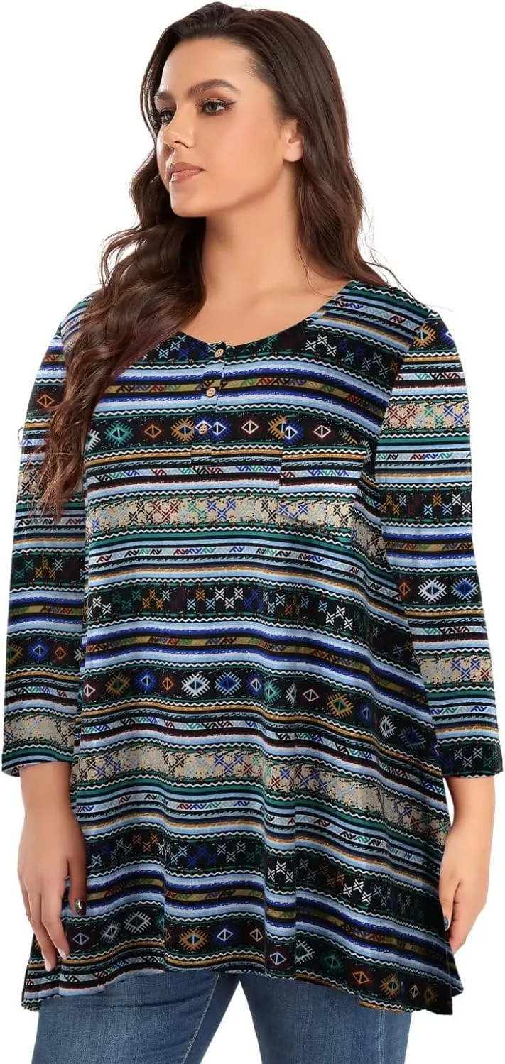 OVERWORETY Plus Size Tops for Women 3/4 Sleeve Henley V Neck Button Tunics Casual Loose Swing Shirts for Leggings