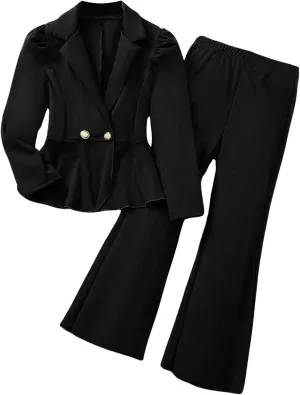 OYOANGLE Girl's 2 Piece Outfits Button Ruffle Hem Puff Long Sleeve Blazer and Flare Long Pants Set