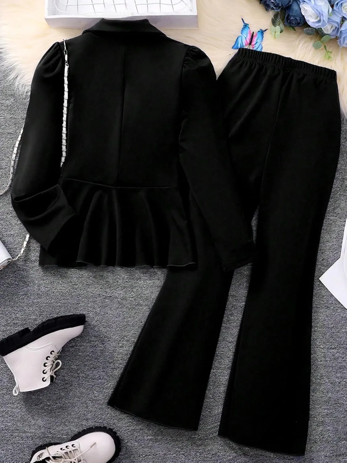 OYOANGLE Girl's 2 Piece Outfits Button Ruffle Hem Puff Long Sleeve Blazer and Flare Long Pants Set