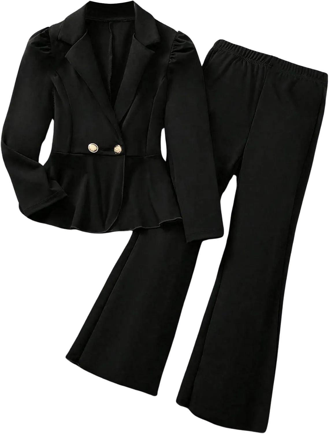 OYOANGLE Girl's 2 Piece Outfits Button Ruffle Hem Puff Long Sleeve Blazer and Flare Long Pants Set