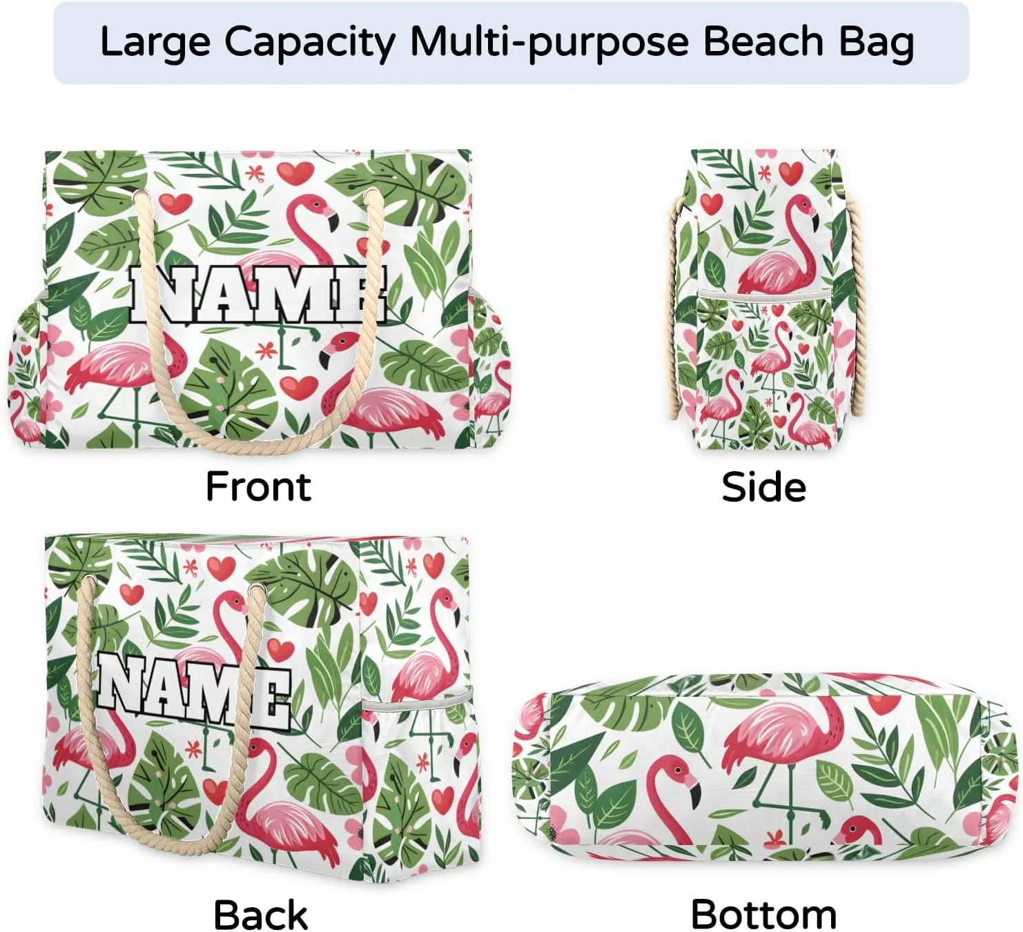 Personalized Name Beach Bags for Women, Large Beach Tote Bag with Zipper, Waterproof Sandproof Swim Pool Bags