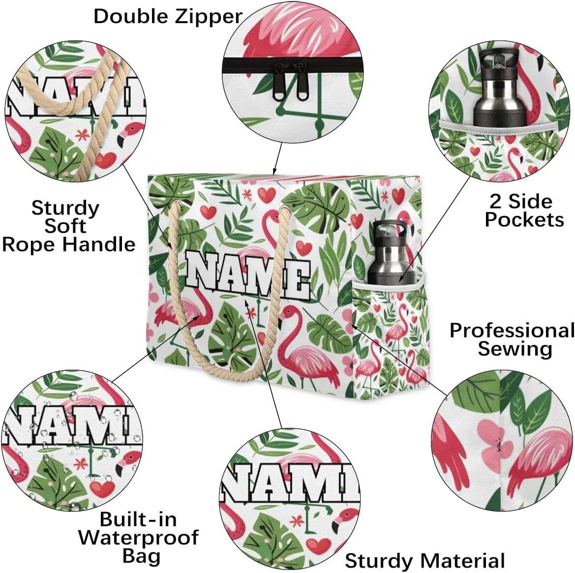 Personalized Name Beach Bags for Women, Large Beach Tote Bag with Zipper, Waterproof Sandproof Swim Pool Bags
