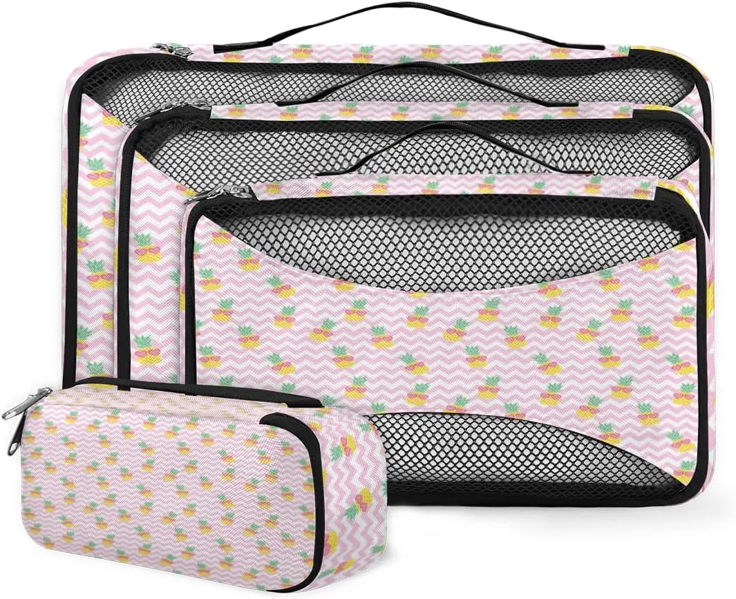 Pineapples Summer Texture 4 Piece Packing Travel Organizer Cubes Set Mesh Fabric Ventilate Design Lightweight Travel Accessories 4 Sizes (Extra Large, Large, Medium, Small)