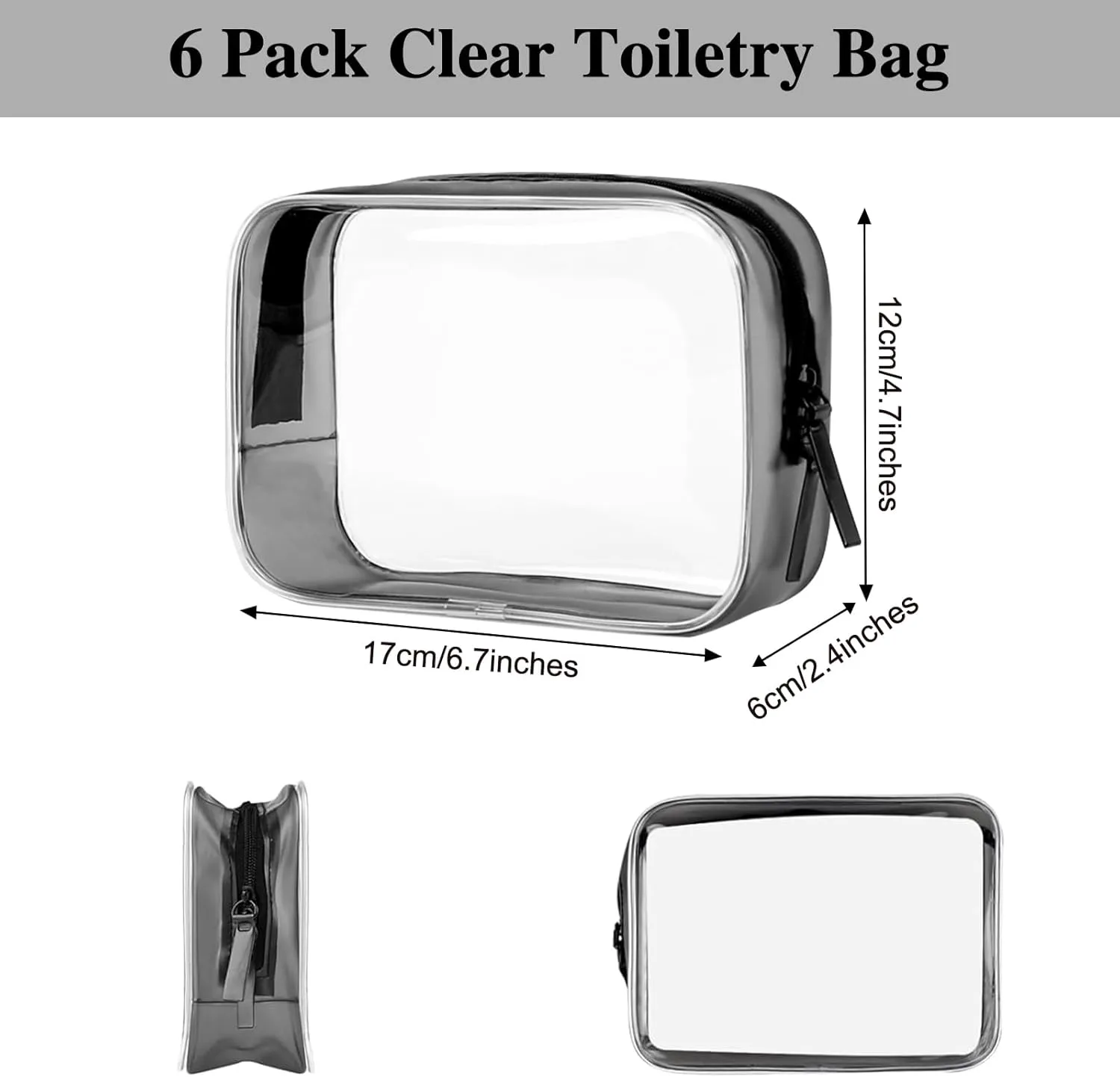 PLULON 6 Pack Clear Toiletry Bags, TSA Approved Clear Makeup Bag Quart Size Waterproof Travel Bag Pouches Portable Cosmetic Bag for Traveling Men Women - Black