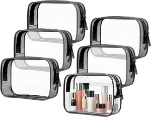 PLULON 6 Pack Clear Toiletry Bags, TSA Approved Clear Makeup Bag Quart Size Waterproof Travel Bag Pouches Portable Cosmetic Bag for Traveling Men Women - Black