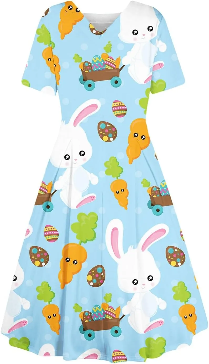 Plus Size Easter Dresses for Women Cute Egg Bunny Dress Short Sleeve Crewneck V-Back Midi Dresses Retro 1950s Dress