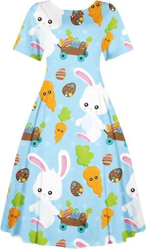 Plus Size Easter Dresses for Women Cute Egg Bunny Dress Short Sleeve Crewneck V-Back Midi Dresses Retro 1950s Dress