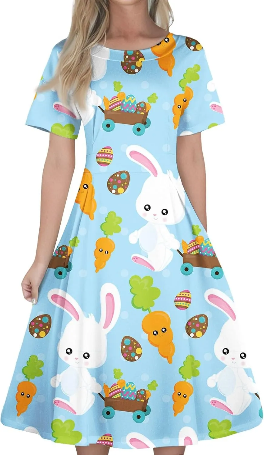 Plus Size Easter Dresses for Women Cute Egg Bunny Dress Short Sleeve Crewneck V-Back Midi Dresses Retro 1950s Dress