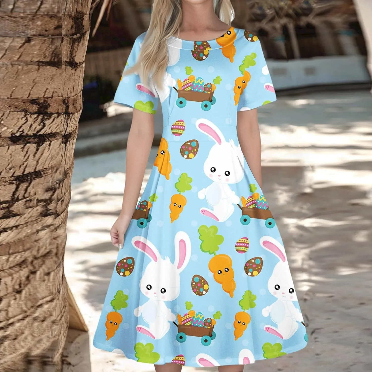 Plus Size Easter Dresses for Women Cute Egg Bunny Dress Short Sleeve Crewneck V-Back Midi Dresses Retro 1950s Dress