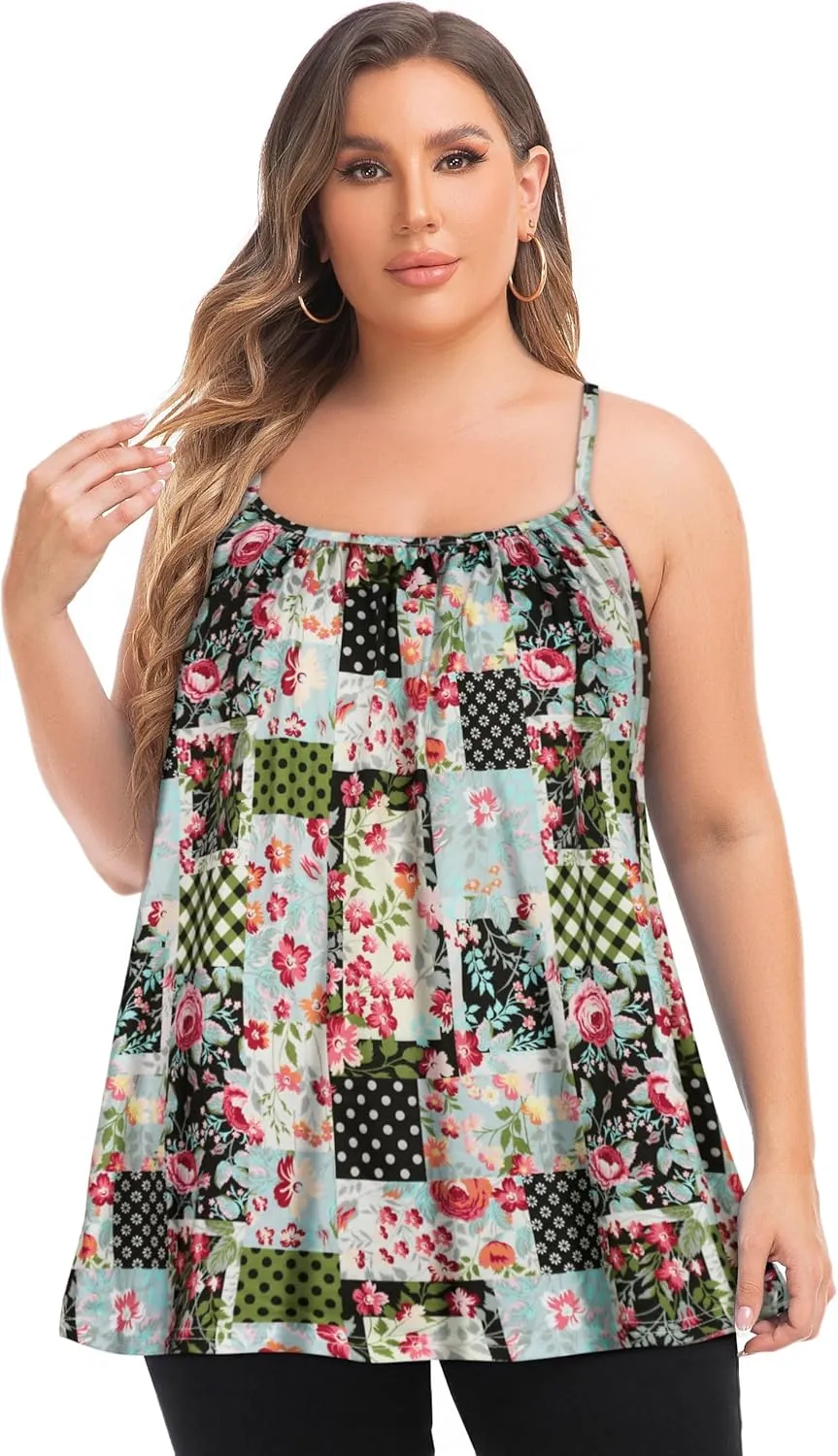 Plus Size Tank Tops for Women Boho Floral Loose Cami Spaghetti Strap Tunic Blouses