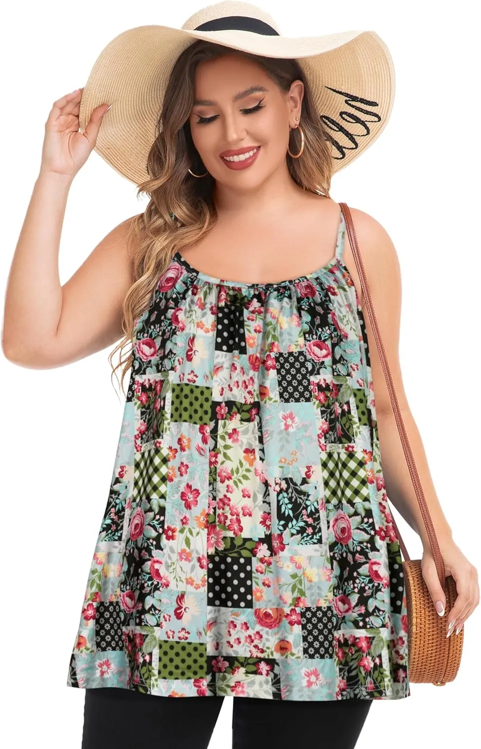 Plus Size Tank Tops for Women Boho Floral Loose Cami Spaghetti Strap Tunic Blouses