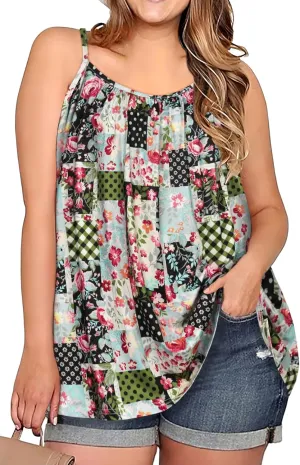 Plus Size Tank Tops for Women Boho Floral Loose Cami Spaghetti Strap Tunic Blouses