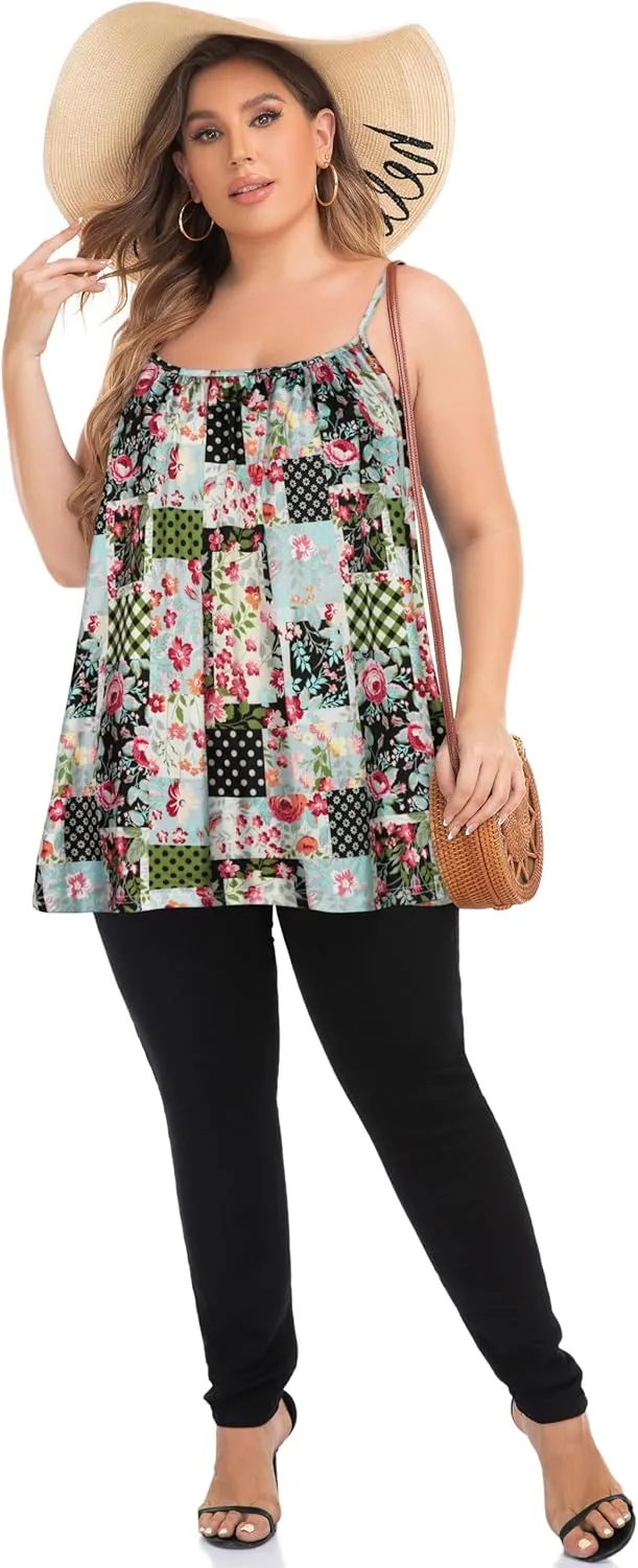 Plus Size Tank Tops for Women Boho Floral Loose Cami Spaghetti Strap Tunic Blouses