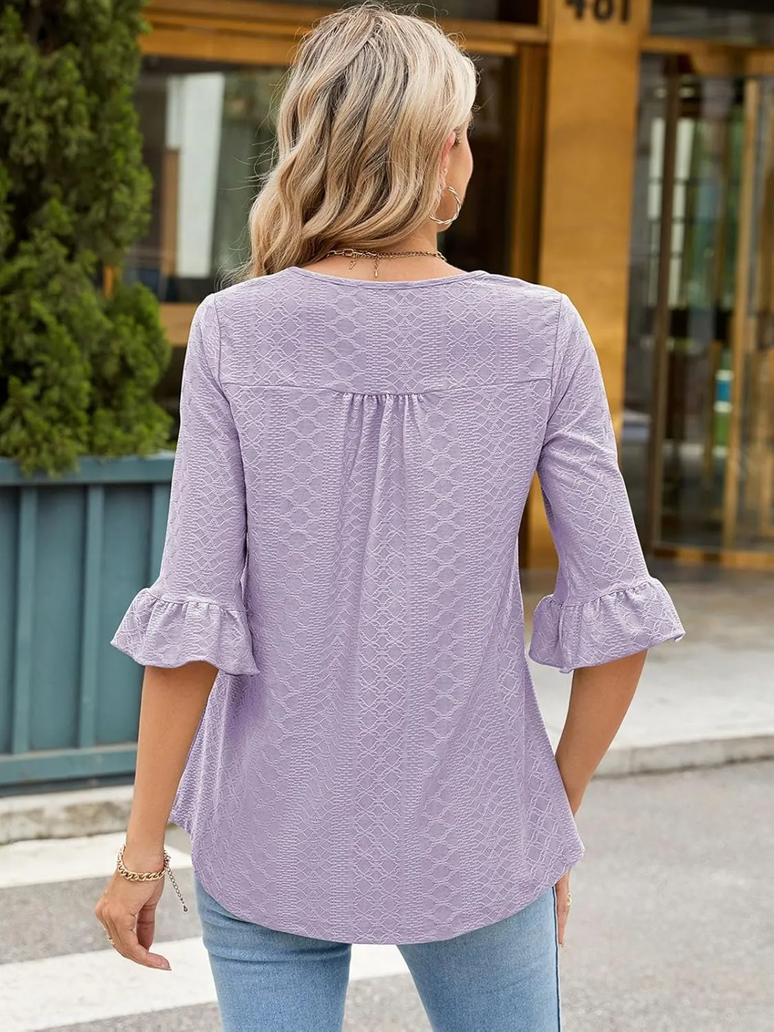 Poetsky Women's Casual 3/4 Sleeve Eyelet Tops Dressy Square Neck T Shirts Loose Fit Ruffle Tunic Blouses