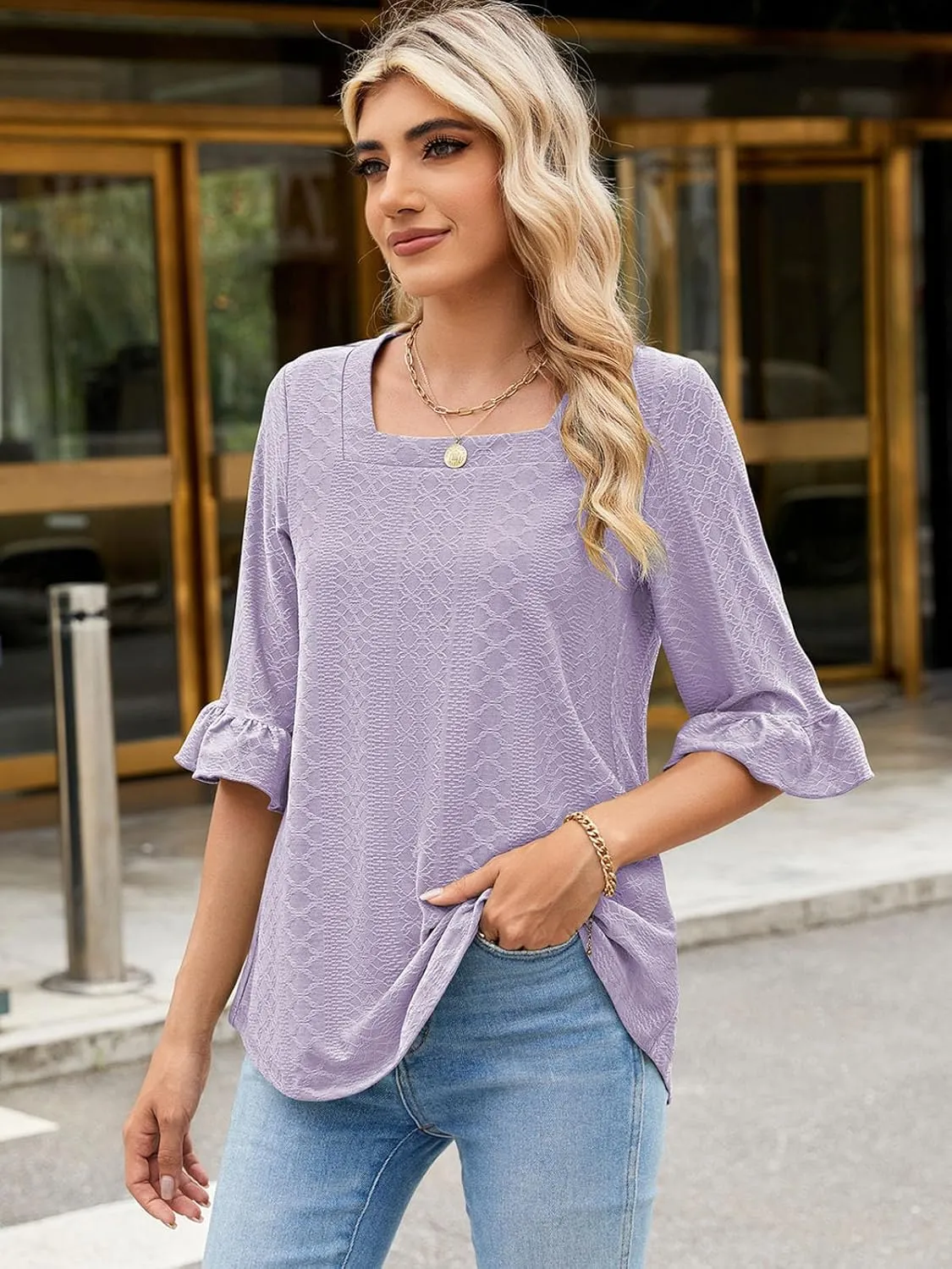 Poetsky Women's Casual 3/4 Sleeve Eyelet Tops Dressy Square Neck T Shirts Loose Fit Ruffle Tunic Blouses