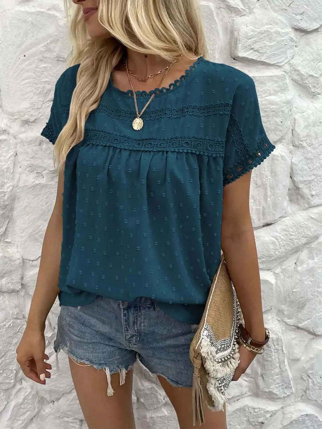 Poetsky Womens Summer Short Sleeve Lace Crochet Blouses Flowy Babydoll Dressy Casual Work Tops