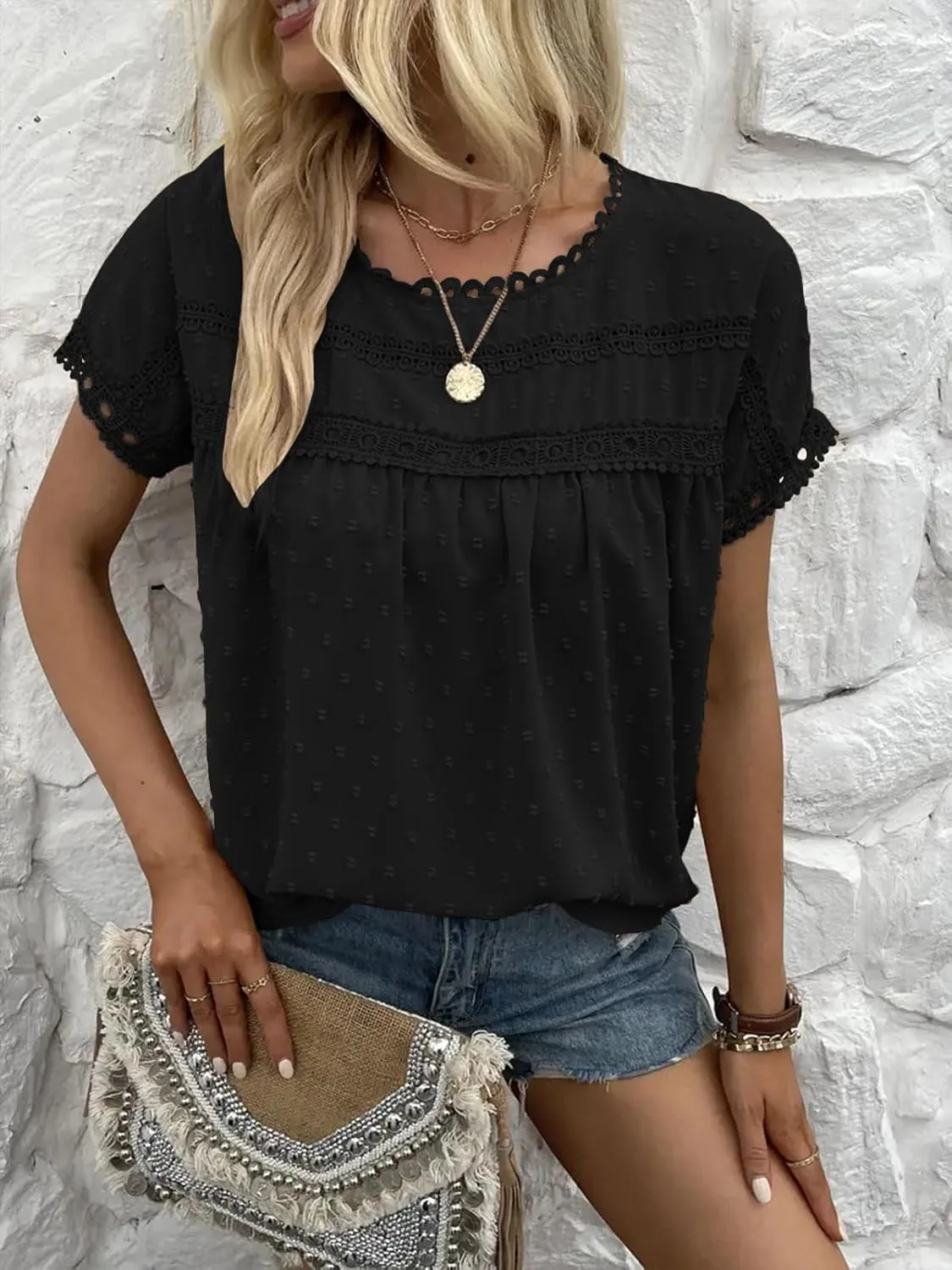 Poetsky Womens Summer Short Sleeve Lace Crochet Blouses Flowy Babydoll Dressy Casual Work Tops