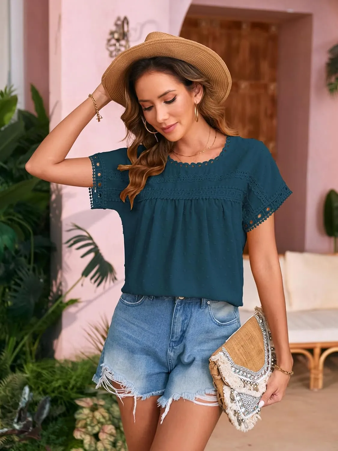 Poetsky Womens Summer Short Sleeve Lace Crochet Blouses Flowy Babydoll Dressy Casual Work Tops